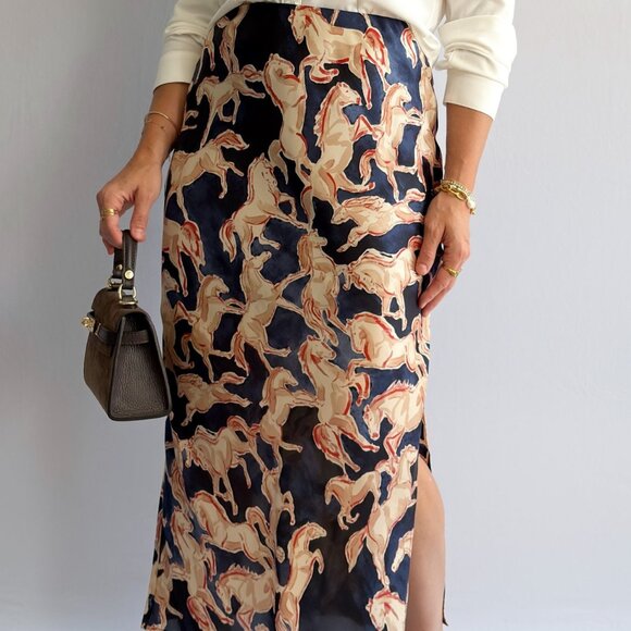 RESTOCK 11/12 | Women’s Horse Print Satin Midi Slip Skirt – Navy Blue - Picture 4 of 10
